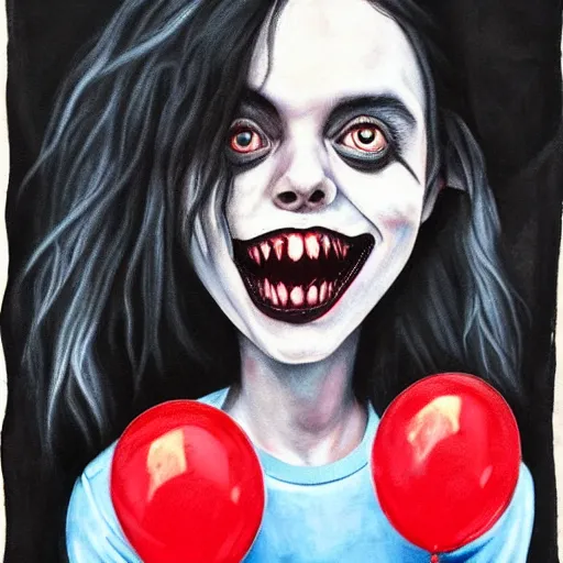 Image similar to grunge painting of billie eilish with a wide smile and a red balloon by chris leib, loony toons style, pennywise style, corpse bride style, horror theme, detailed, elegant, intricate