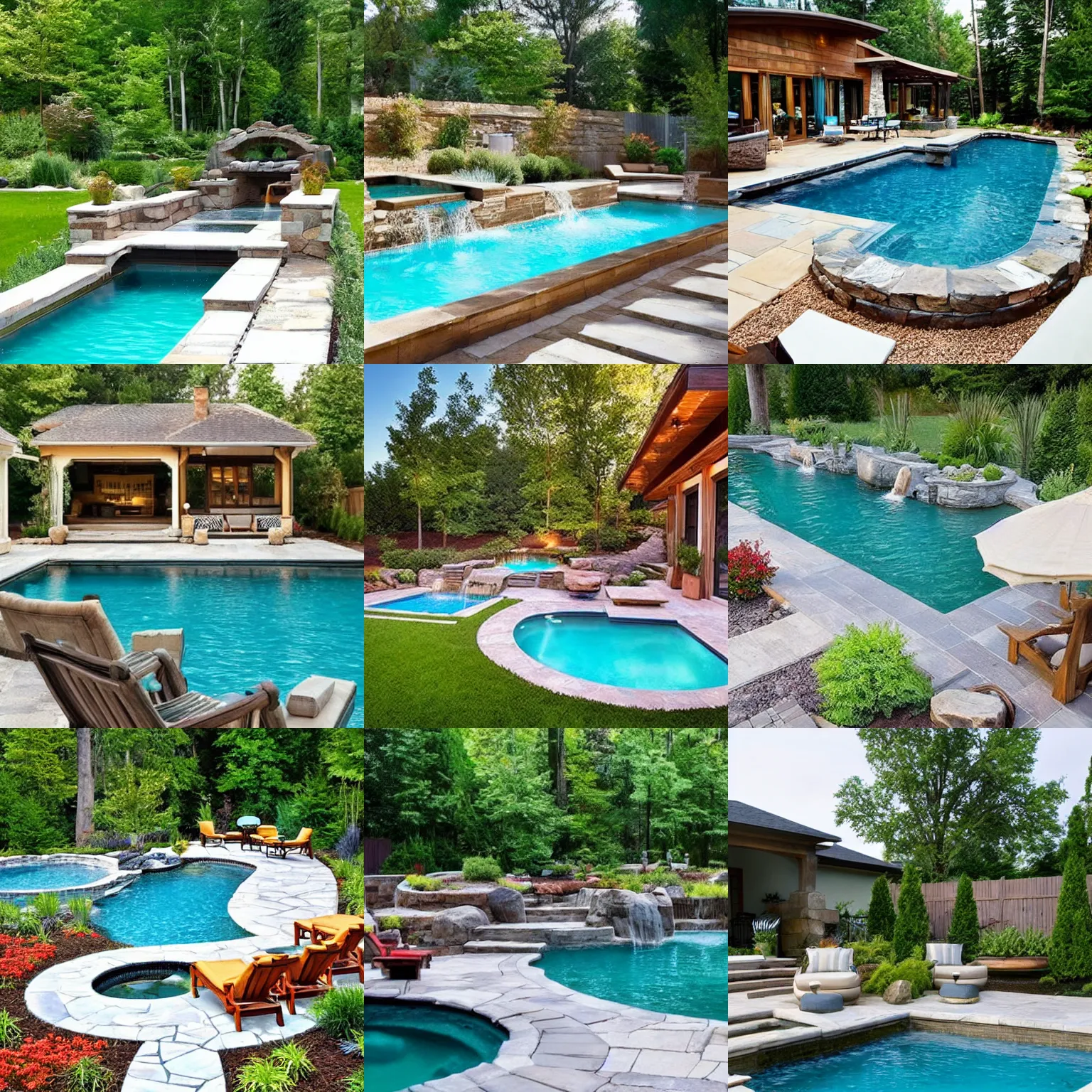Image similar to Beautiful backyard pool with stone walkway and wooden lounge chairs