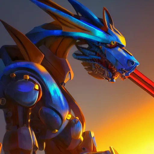 Prompt: blue anthro mecha dragon holding a yellow sword, photorealistic, 4k, artstation, 8k wallpaper, unreal engine 5, ue5