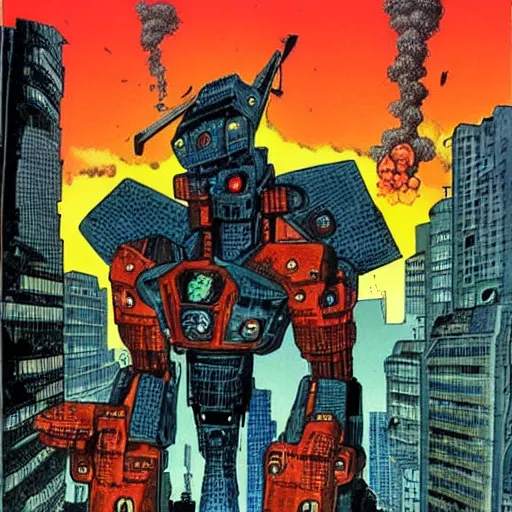 Image similar to 2 giant robots fighting together in big city, fire, destruction, art by Richard Corben