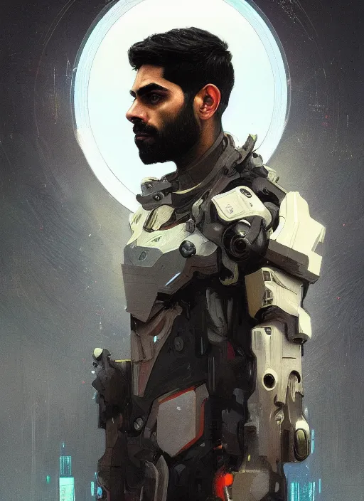 Prompt: a full body portrait oil painting illustration of rahul kohli by justin sweet and greg rutkowski and alphonse mucha with face and body clearly visible, techwear, futuristic, cyberpunk, artstation trending, high quality, sombre mood, artstation trending, abstract colours, no crop, entire character!,