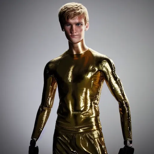 Image similar to a realistic detailed photo of a guy who is an attractive humanoid who is half robot and half humanoid, who is a male android, soccer player martin ødegaard, shiny skin, posing like a statue, blank stare, in a living room, on display, showing off his muscles, gold soccer shorts