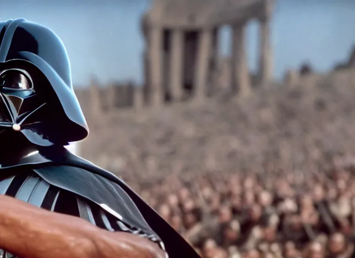 Prompt: film still of Darth Vader as Maximus in the arena with his arms up in Gladiator 2000, 4k