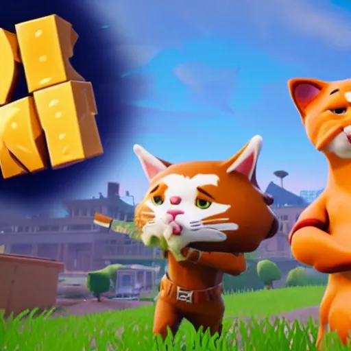 Image similar to a anthropomorphic cat playing Fortnite with a anthropomorphic dog cartoon, Jim Davis