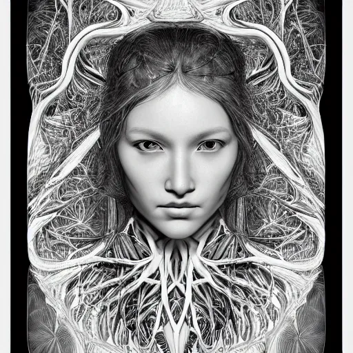 Image similar to hyper detailed bw linear pencil drawing, woman portrait, organic symmetric shapes by ernst haeckel, unreal engine