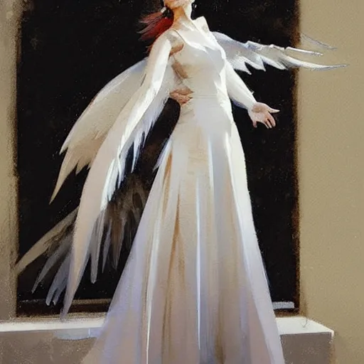 Image similar to Painting by Greg Rutkowski, an opera singer in a white dress with wings on stage