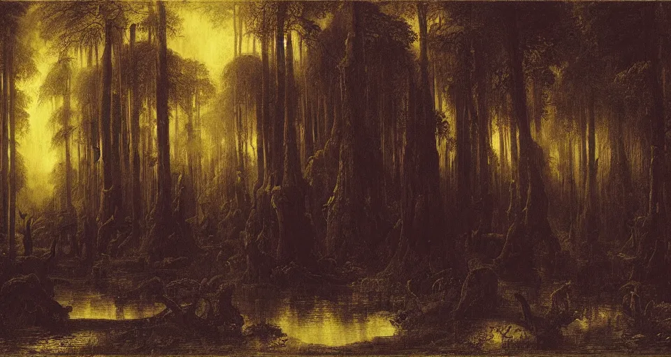 Image similar to A dense and dark enchanted forest with a swamp, by John Martin