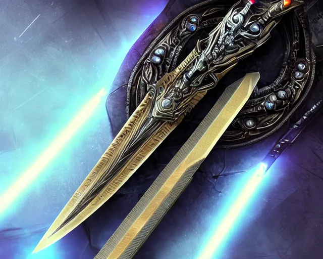 Prompt: legendary cybernetic full long sharp sword lying flat on a glowing table with a black and iridescent sword blade, digital award winning hd matte painting, intimate dark moody, intricate, ornate spikes, colorful gems on hilt, detailed realistic raytraced blade, future golden technological pommel, deviantart