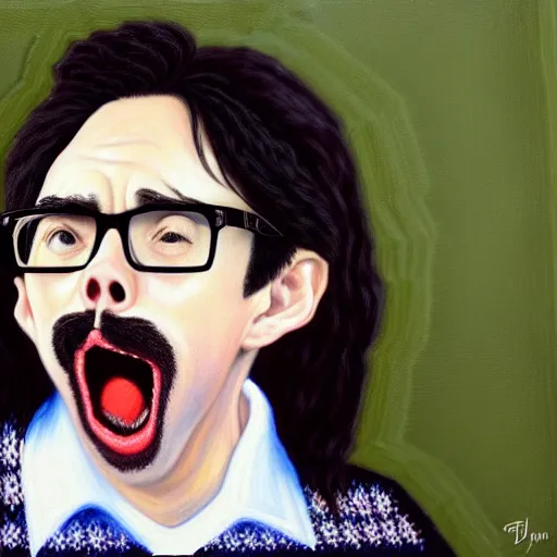 Image similar to An Oil Painting of Rivers Cuomo in a sweater with long hair and a mustache sweating bullets as he imitates The Scream pose in his apartment after seeing kim jong un's nukes falling onto the city, hyperrealistic, extremely realistic, highly realistic, HD Quality, 4k resolution, 8k resolution, Detailed, Very Detailed, Highly Detailed, Extremely Detailed, Intricate Details, Real, Very Real, Oil Painting, Digital Painting, Painting, Trending on Deviantart, Trending on Artstation