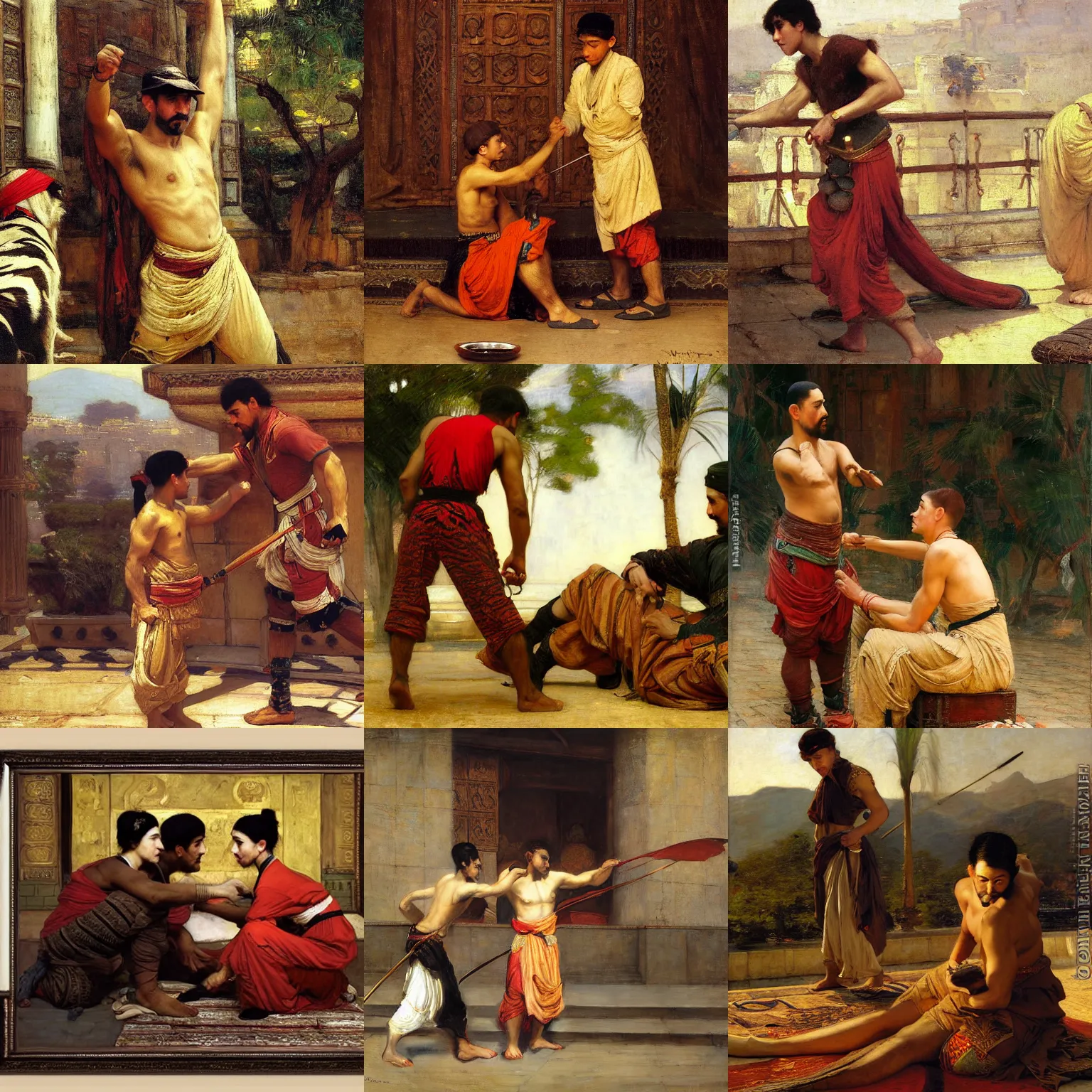 Prompt: tiger trainer orientalist painting by john william waterhouse and Edwin Longsden Long and Theodore Ralli and Nasreddine Dinet, oil on canvas. Cinematic, hyper realism, dramatic lighting, high detail 8k