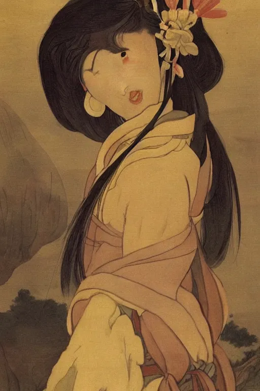 Image similar to Baroque painting of a Mulan, inspired by Gustav Moreau and Wayne Barlowe, exquisite detail, hyper realism, ornate, exquisite detail, cute face