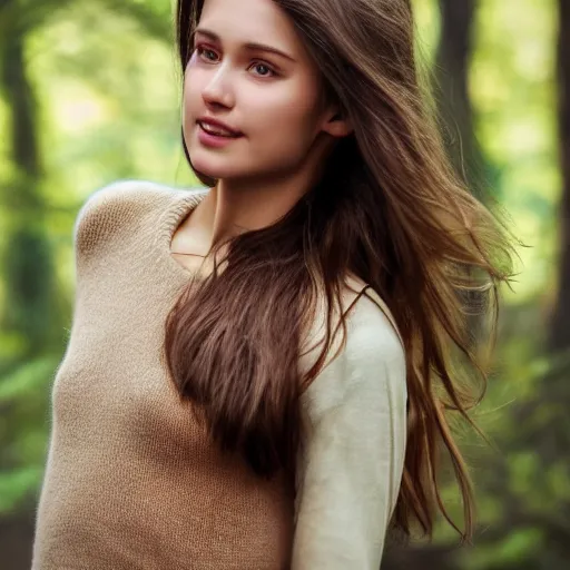 Prompt: real life photo of a beautiful girl, full body photoshoot, long brown hair, brown eyes, full round face, short smile, belly free, brown sweater, forest setting, cinematic lightning, medium shot, mid - shot, highly detailed, trending on artstation, unreal engine 4 k, 8 0 mm, 8 5 mm, cinematic wallpaper