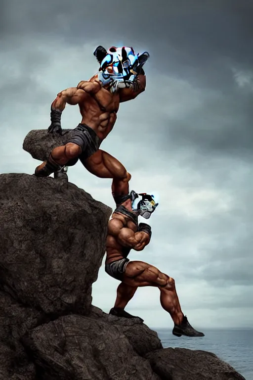 Prompt: a humanoid muscular man with a tiger mask stands on a rock by greg rutkowski, magic realism, hyper realistic, 2 0 0 mm lens