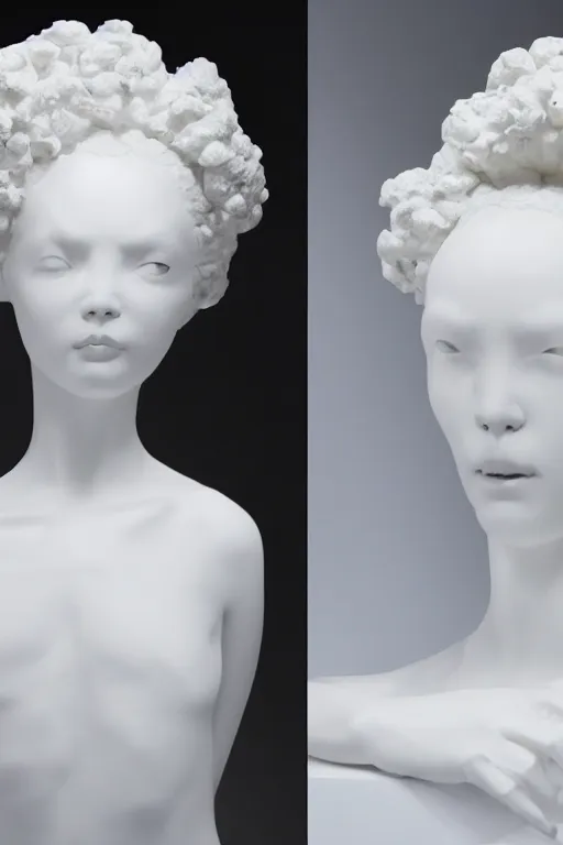 Image similar to full head and shoulders, beautiful female white, porcelain sculpture, jewellery designed by bjork, by daniel arsham and james jean, on a white background, delicate facial features, white eyes, white lashes