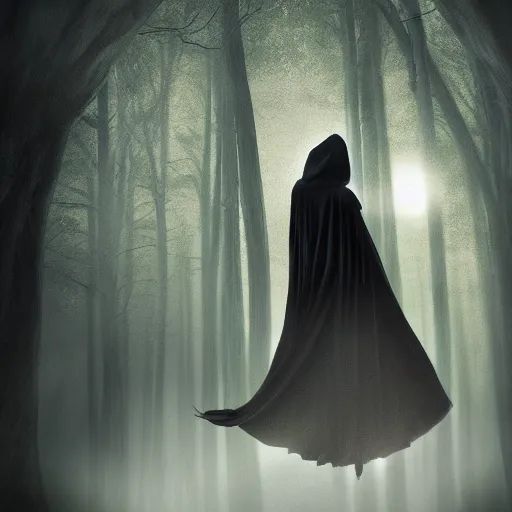 Image similar to a lady in a dark cloak suspended in mid air, seen from behind, ancient forest, mist, moonlight, 35mm, photorealistic, realistic, deviantart, gloomy atmosphere, high definition