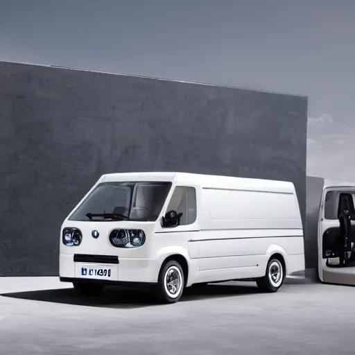 Prompt: A van designed and produced by BMW, in white, promotional photo