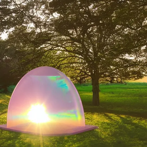 Prompt: a pastel coloured Polaroid photo of a sun lounger and shelter made of transparent iridescent perspex stood centrally in a field, beams of light, nostalgic