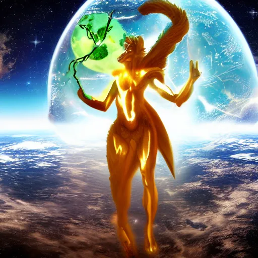 Prompt: Mythological creature holding planet Earth in space, 4k detailed art, deviantart