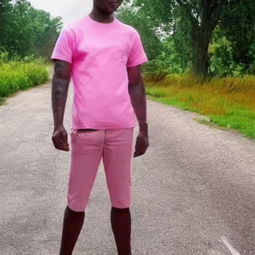 Image similar to bald skinny man in a pink t - shirt and pink pants, photo realistic