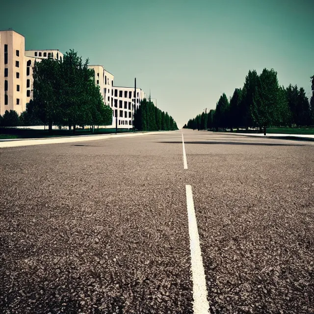 Prompt: perfect grass lawn instead of asphalt and road. empty town street with identical high soviet endless buildings. cinematic