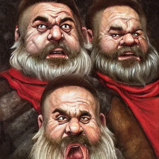 Prompt: Realistic, portrait, three Dwarf Brothers, dungeons and Dragons, medieval painting