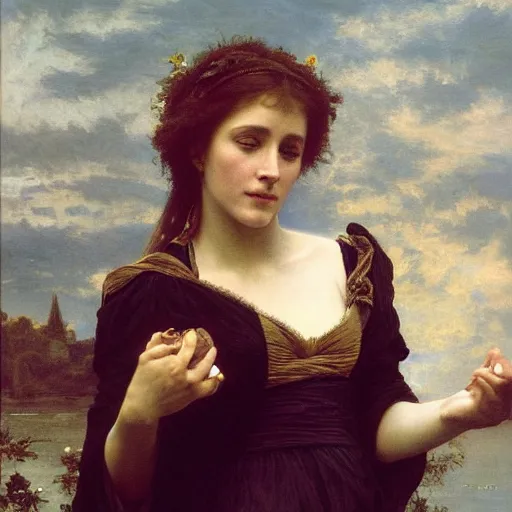 Image similar to Emma Thompson as Ophelia in Hamlet, detailed oil painting by William Adolphe Bouguereau