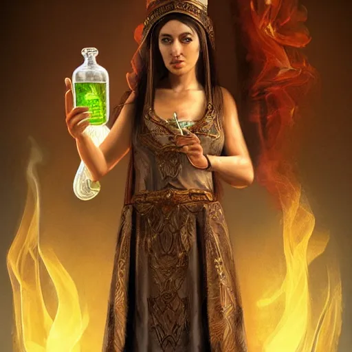 Image similar to a beautiful priestess holding an ornate bottle pouring smoke, concept art