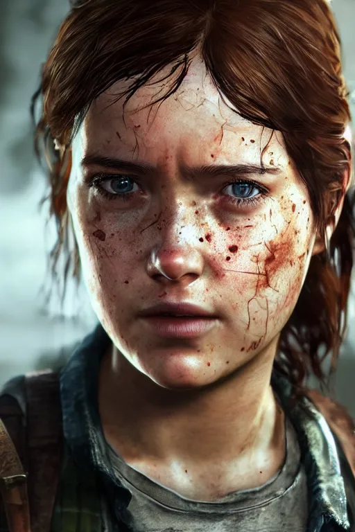 Image similar to ultra realistic facial portrait of ellie from the last of us part 2, digital art, character portrait, highly detailed, trending on artstation, lens flare, atmosphere, hyper realistic, cinematic lightning, sharp focus, unreal engine 5, extreme details perfect face, pretty face, fine - face, illustration, 8 k, ultra texture, masterpiece