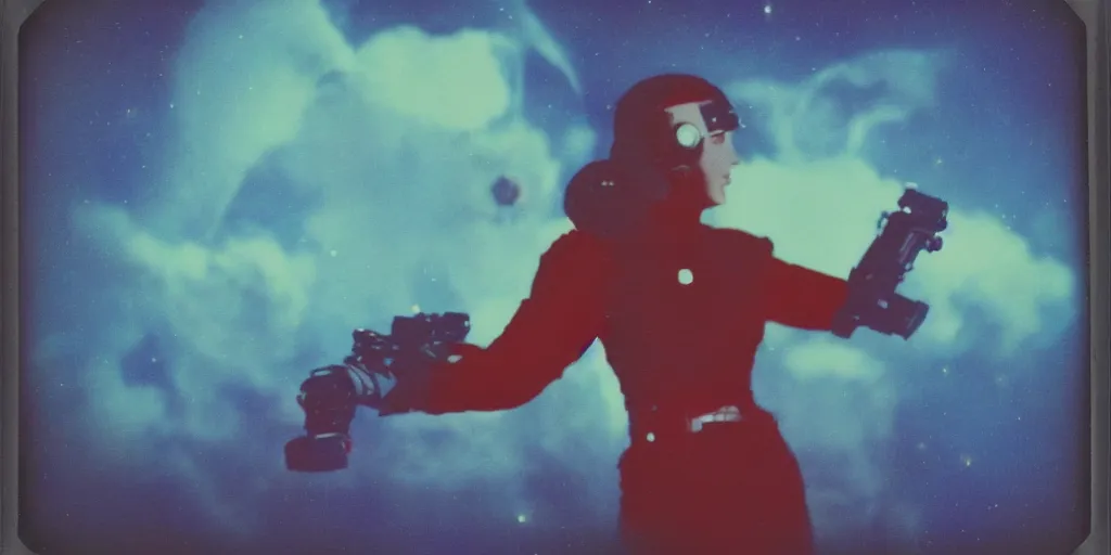 Prompt: vintage polaroid of a beautiful science fiction space woman, holding a laser gun, seen from behind, detailed clouds, warm azure tones, red color bleed, film grain