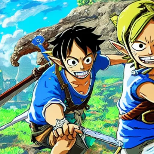 Image similar to a screencap of the legend of zelda breath of the wild, of one piece's luffy in breath of the wild