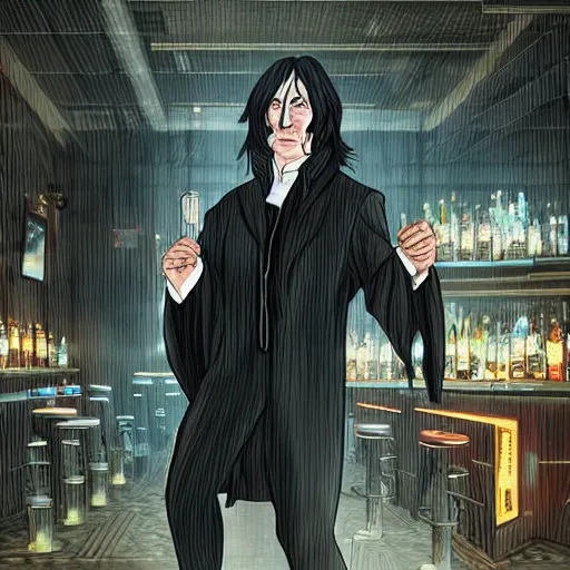 Image similar to Severus Snape dancing in a bar, cyberpunk, full body, realistic, digital art