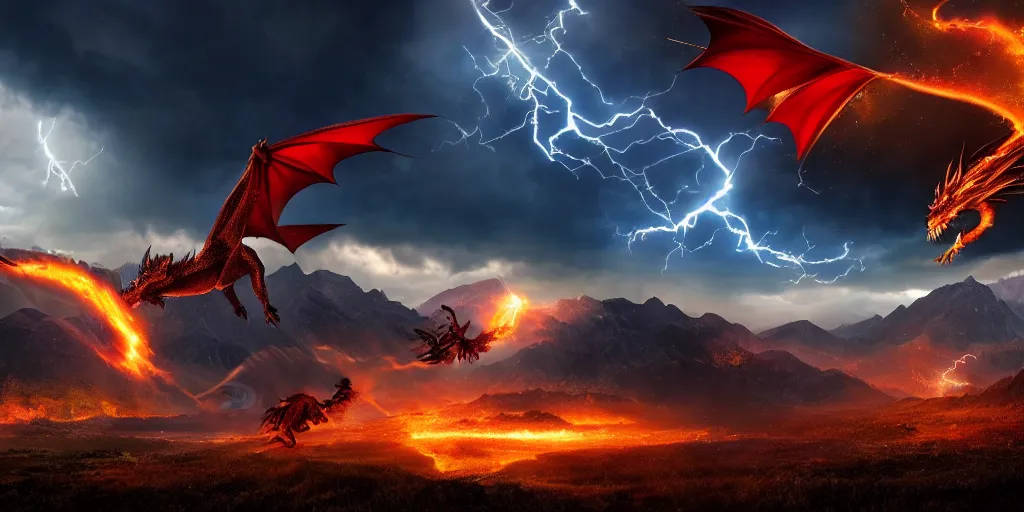 Image similar to a powerful flying fire Dragon fighting against a Wizard which shoots lightning in the foreground, big Mountains and wide forrests are in the Background, stormy weather at night ,cinematic Style, hyperrealistic