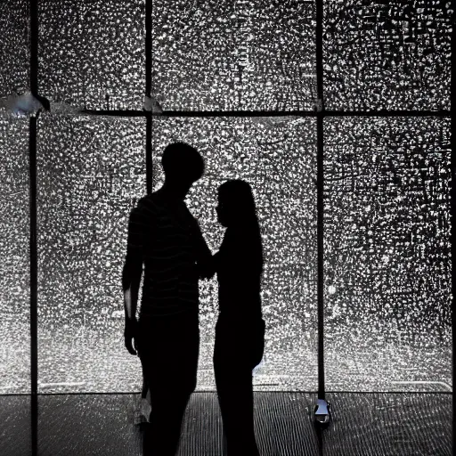 Image similar to rain room, art installation at the moma, extremely detailed, black and white photograph