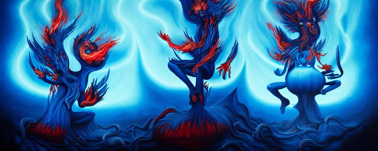 Prompt: whimsical blue fiery alchemical creatures, surreal dark uncanny painting by ronny khalil