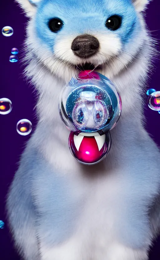 Prompt: An award winning photograph of a blue-eyed furry creature, red fur, with a large purple mustache, large eyes, bubbles in the air, wheels for hands, studio lighting, medium shot, Sigma 85mm, 8k