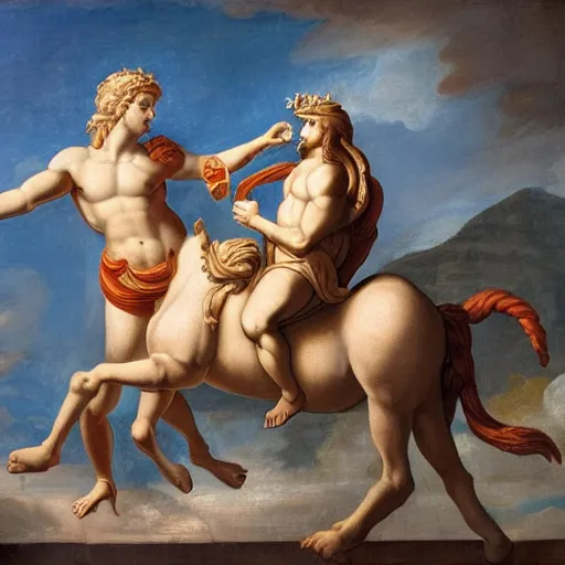 Prompt: painting of Centaur and Pegasus at the Acropolis, Greek gods, Zeus, Poseidon, Aphrodite, intricate, high detail, sensual, in the style of Michaelangelo