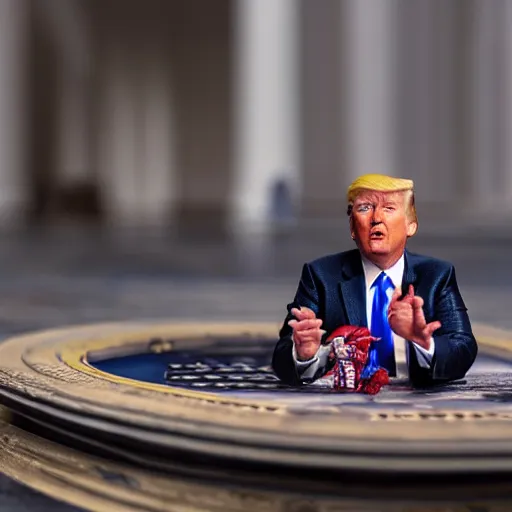 Image similar to a detailed photo of donald trump as an action figure toy in whitehouse diorama, macro photography, zoom, table