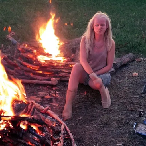 Image similar to photo of hillbilly with long blonde hair around a bonfire, symmetric face