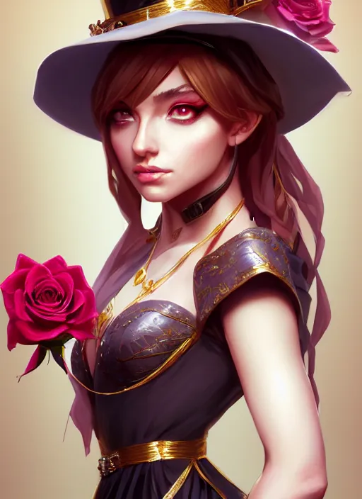 Image similar to female magician, wide angle view, roses, flowers, gold, diamonds, highly detailed, artgerm, cushart krenz, artstation, soft light, sharp focus, illustration, character design, concept art