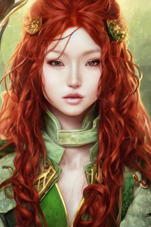 Image similar to A realistic anime portrait of long curly haired redhead female ranger wearing an intricate fantasy ranger outfit, asian facial features, green eyes, digital painting, by Stanley Artgerm Lau, Sakimichan, WLOP and Rossdraws, digtial painting, trending on ArtStation, SFW version