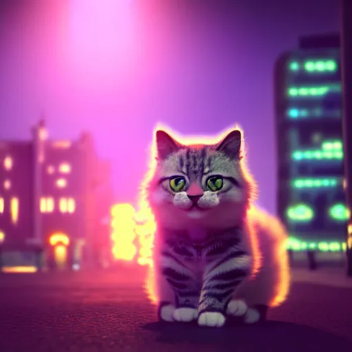 Image similar to high quality 3 d render very cute fluffy cat on luminescent city lights background, highly detailed, unreal engine cinematic smooth, moody light, low angle, uhd 8 k, sharp focus