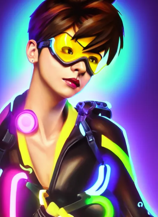 Prompt: full body overwatch style oil painting portrait of tracer overwatch, confident pose, wearing black iridescent rainbow latex, rainbow, neon, 4 k, expressive surprised expression, makeup, wearing black choker, studio lighting, black leather harness, expressive detailed face and eyes,