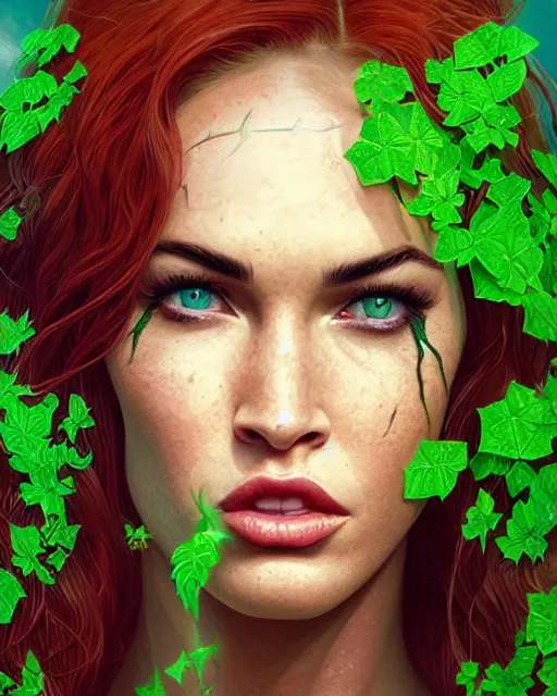 Image similar to highly detailed vfx portrait of megan fox as poison ivy, stephen bliss, unreal engine, greg rutkowski, loish, rhads, beeple, makoto shinkai and lois van baarle, ilya kuvshinov, rossdraws, tom bagshaw, alphonse mucha, global illumination, detailed and intricate environment