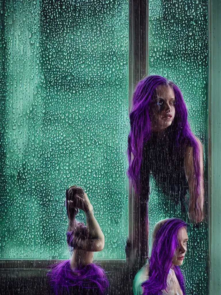 Prompt: there's so many raindrops on the window that you can barely make out the sad model on the other side photographed by Mark Seliger, green and purple hair, nighttime, city light reflections
