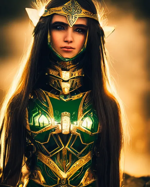 Prompt: a beautiful elf ranger with long hair and green eyes, no helmet, wearing green and gold futuristic mecha armor, with ornate rune carvings and glowing lining, very detailed, shot in canon 50mm f/1.2,