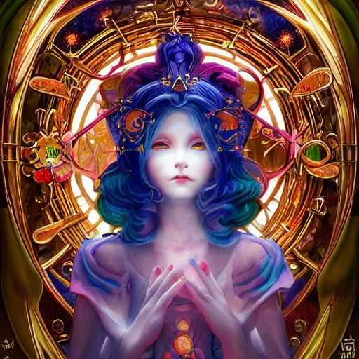 Prompt: clow card style astrologer's prayer, mythology, hidetaka miyazaki, unreal engine 5, art nouveau, vivid colors, intense colors, deep shadows, intricate, symmetry, high detail, elegance, sunlit, clear focus, art of tom bagshaw and quentin mabile, art workstation