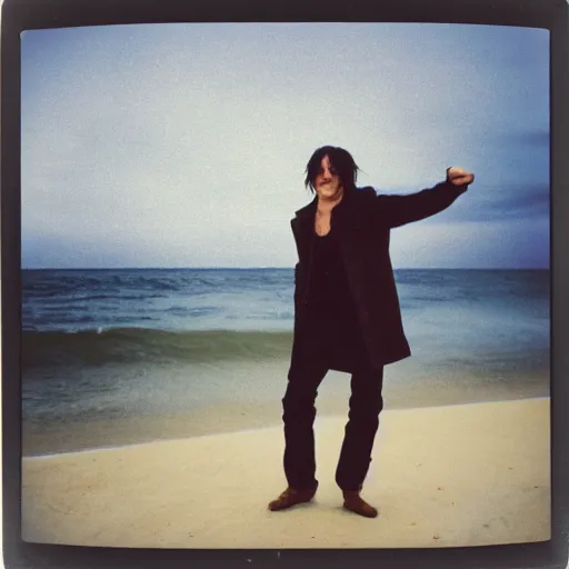 Image similar to 9 0 s polaroid photograph of norman reedus wearing a trenchcoat at night, dancing on a beach during cloudy weather, vignette