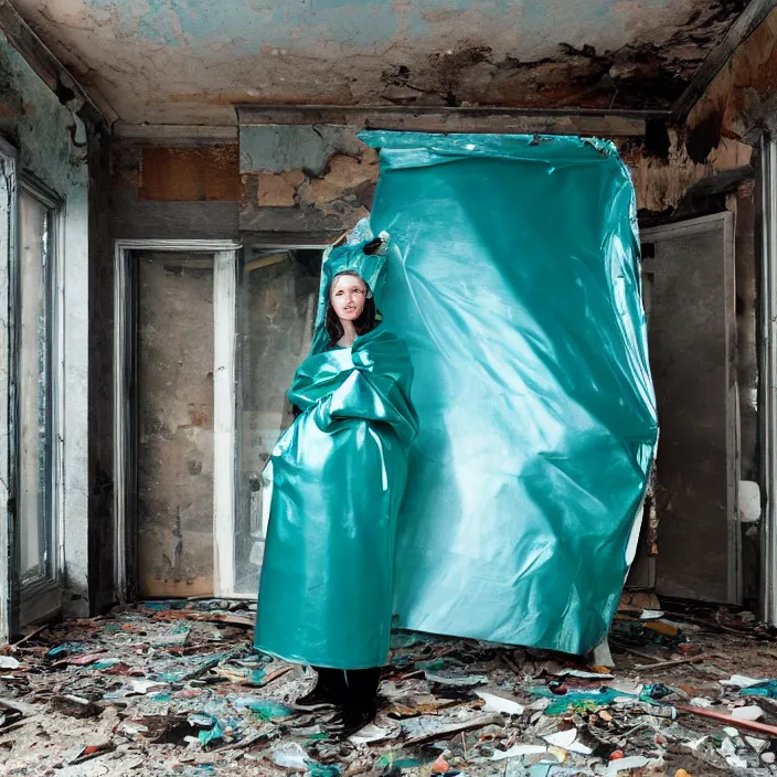 Prompt: closeup portrait of a woman wrapped in teal cellophane, standing in a derelict building interior, color photograph, by juergen teller, canon eos c 3 0 0, ƒ 1. 8, 3 5 mm, 8 k, medium - format print