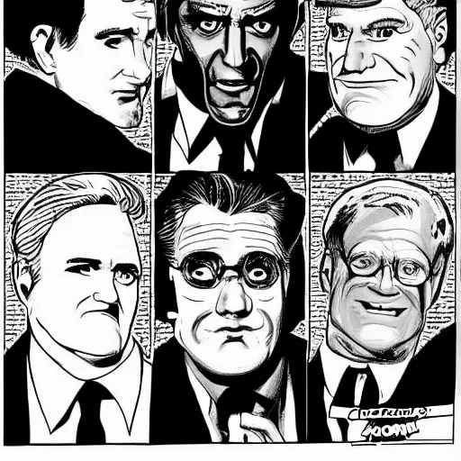 Image similar to jay leno, conan o'brien, david letterman drawn in the style of frank miller's sin city comics, black and white, panels