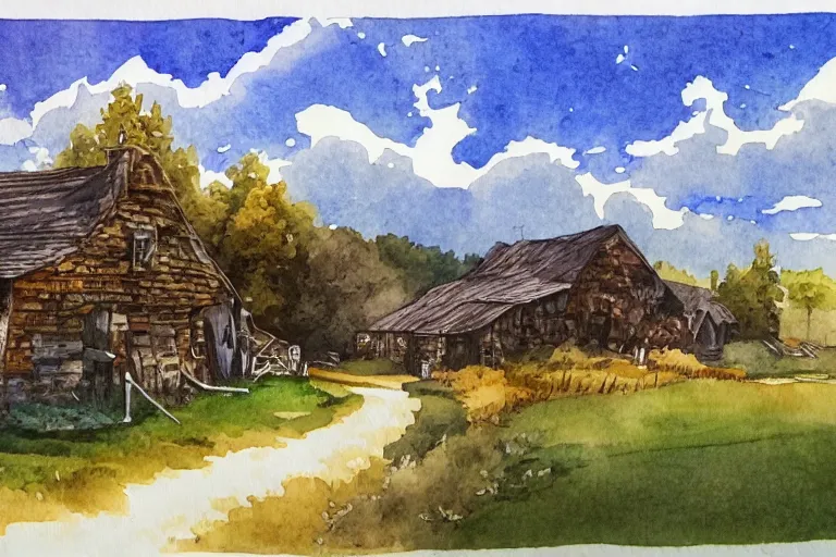 Image similar to country road store goose watercolor pen trending on artstation